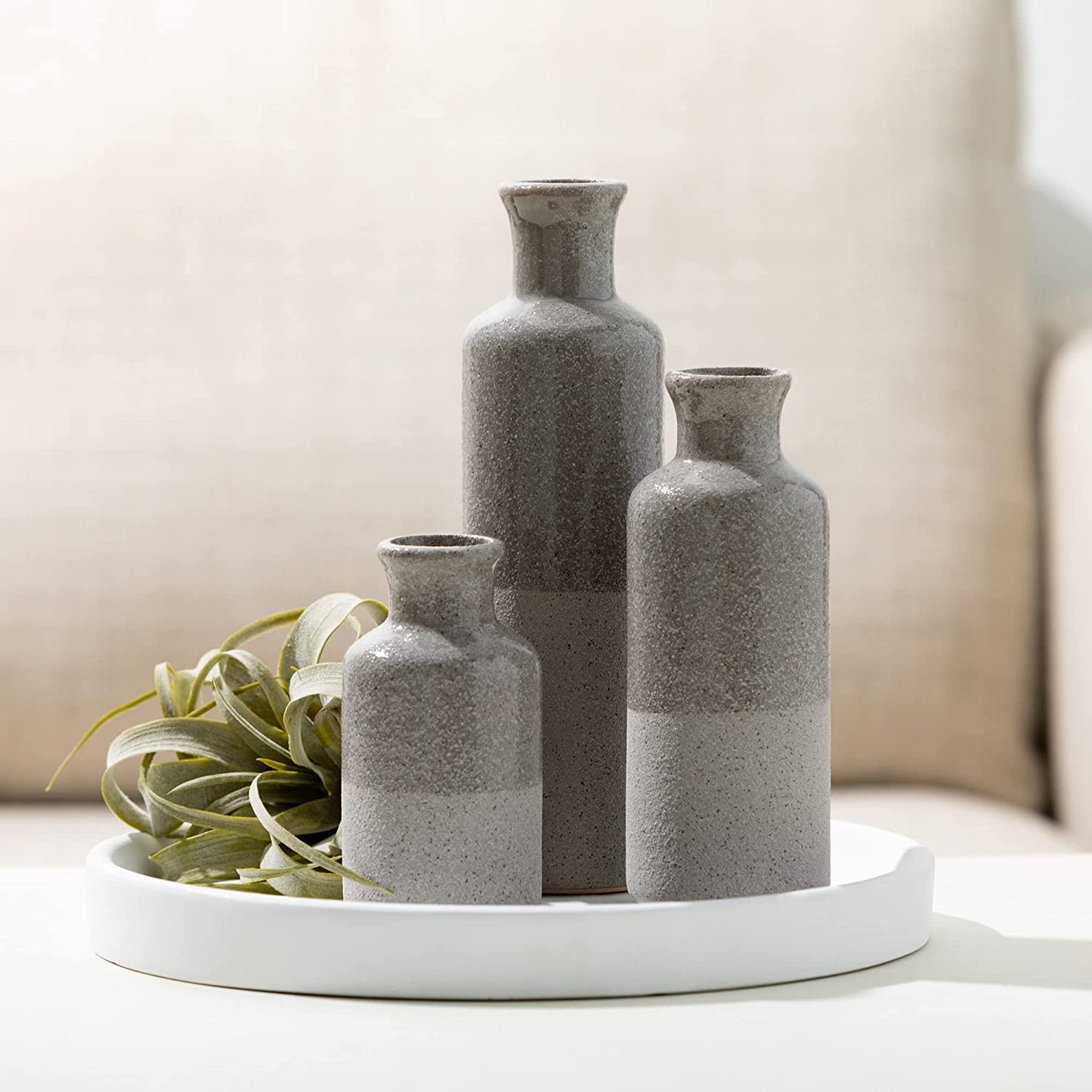 Two-Toned Grey Ceramic Vase Set, Farmhouse Decor, Home Decorative Vases for Your Kitchen, Bedroom, Office, Living Room, Bathroom, & Shelf Centerpiece Table Decorations (CM2859)